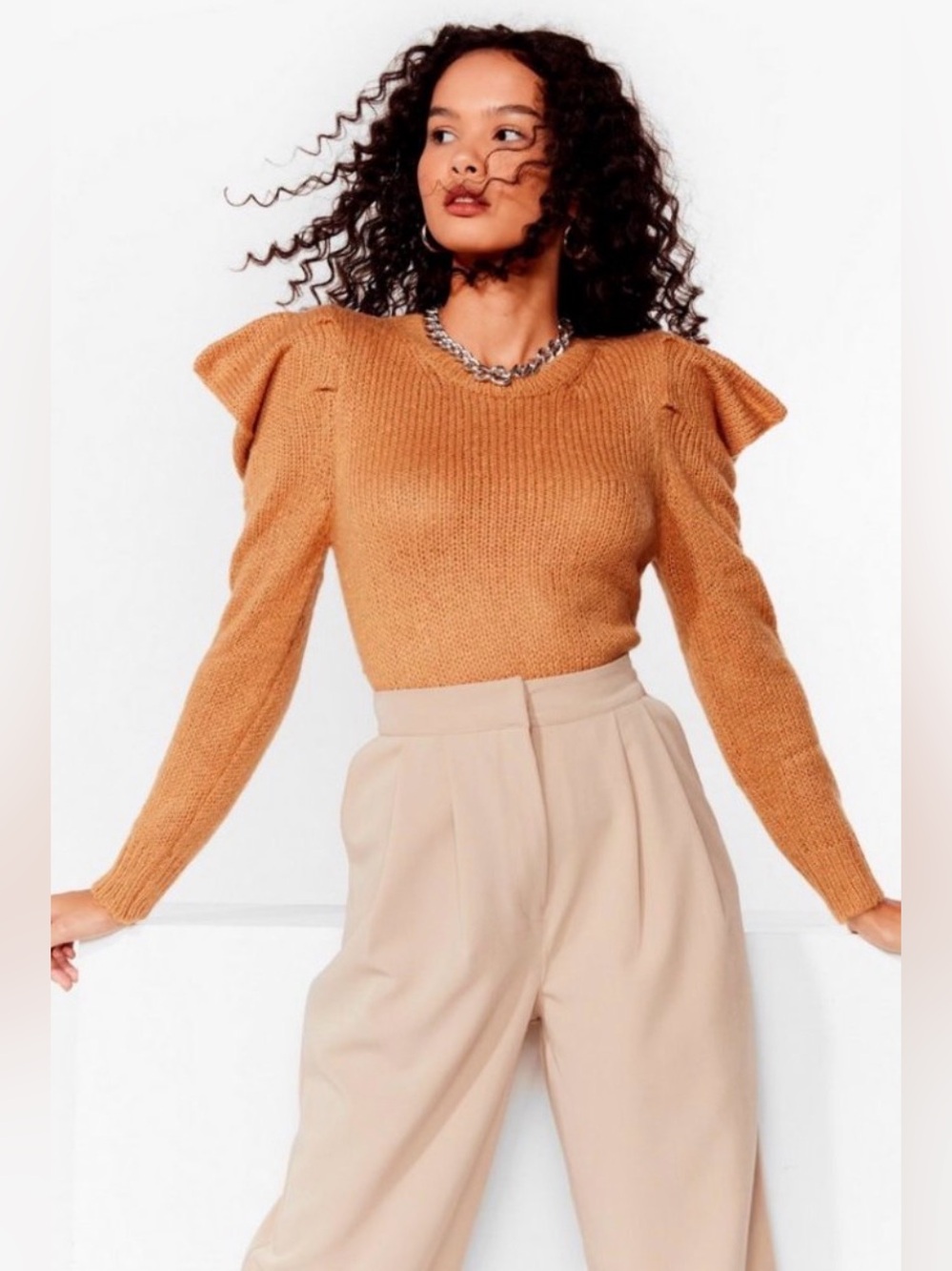 NWT Nasty Gal Knitted Ruffle Puff Sleeve Sweater - M